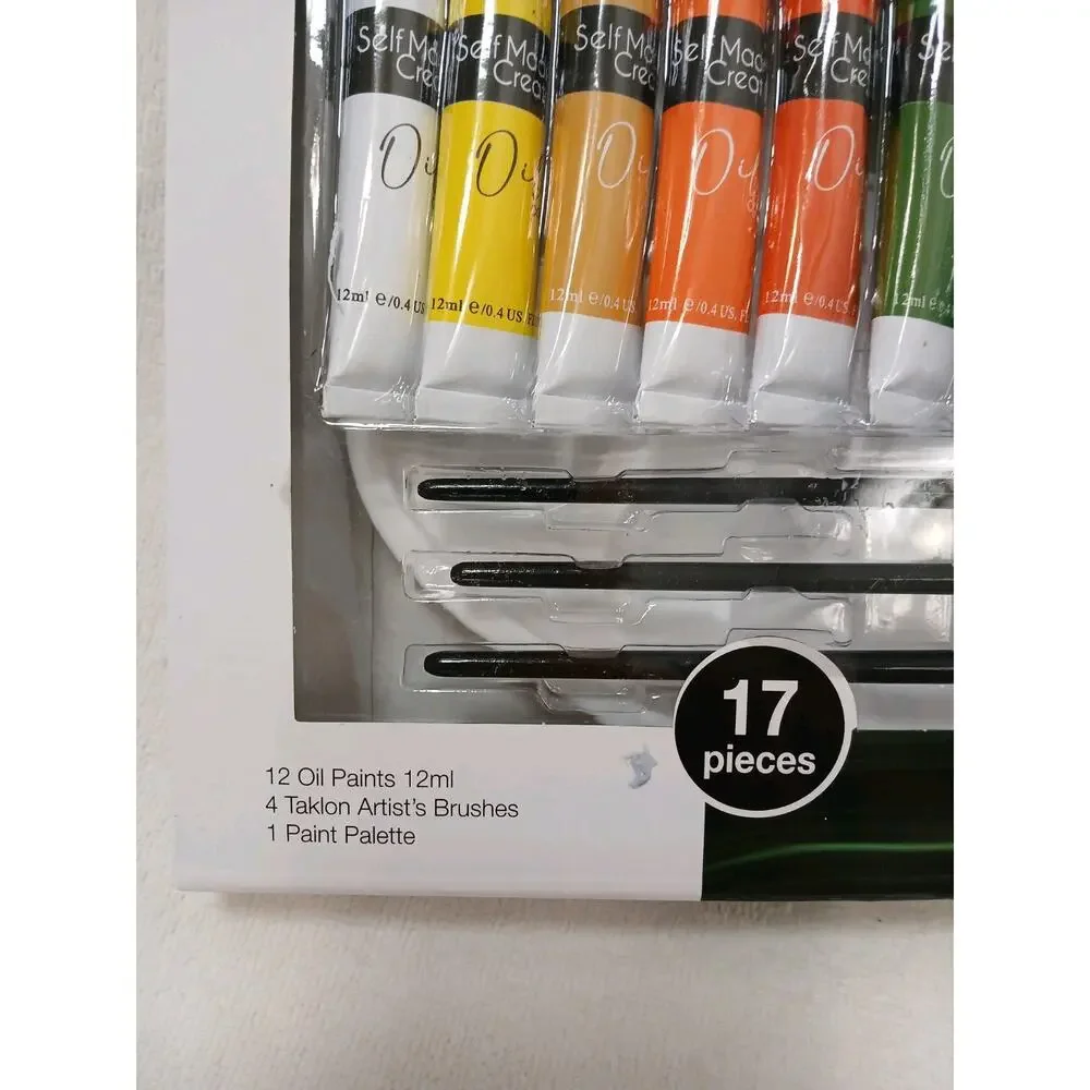 17 Pc Oil Paint Art Set w 4 Taklon Paint Brushes + Art Palette Value Professiona